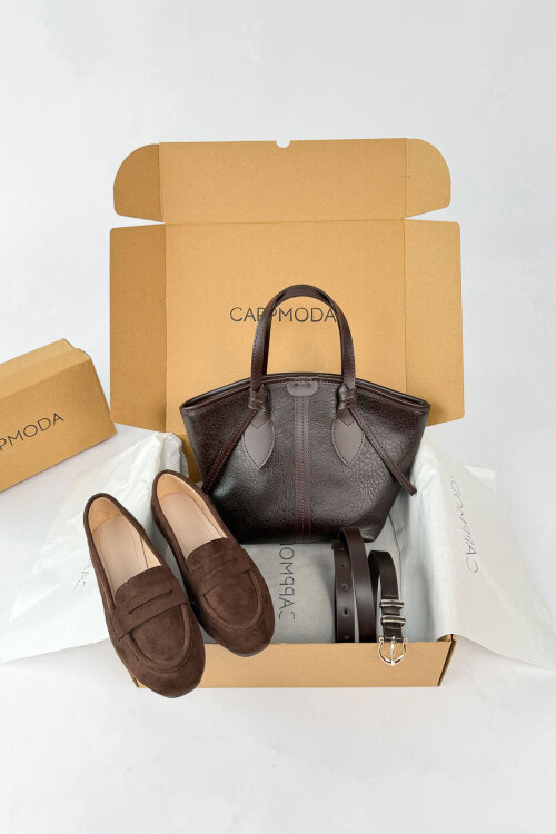 Prestige Serisi Acı Kahve Süet Loafer-Çanta-Kemer Seti