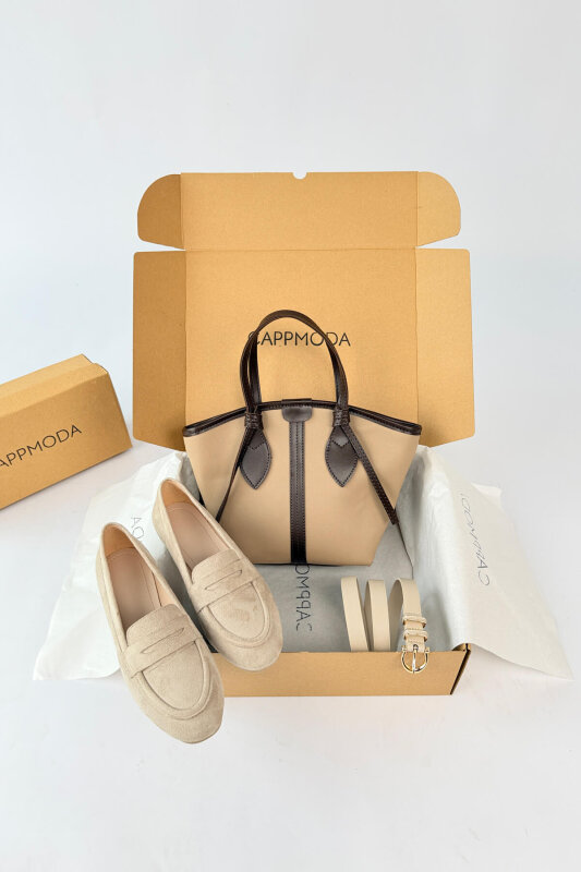 Prestige Serisi Bej Süet Loafer-Çanta-Kemer Seti - 1