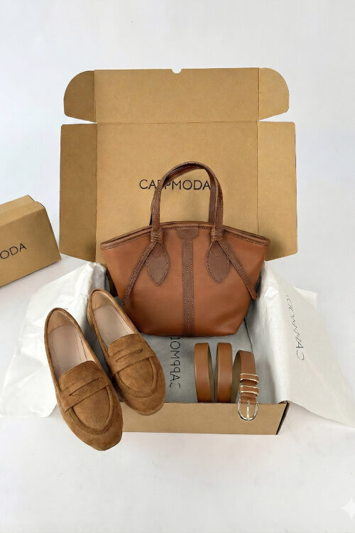 Prestige Serisi Taba Süet Loafer-Çanta-Kemer Seti