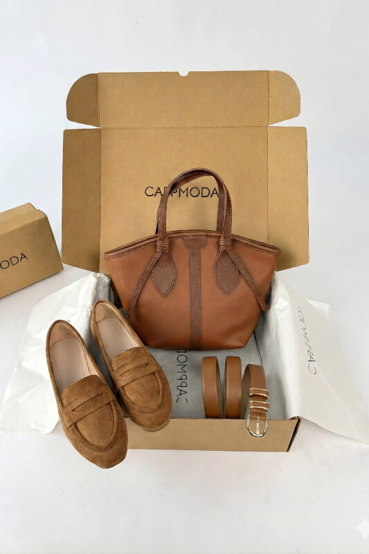 Prestige Serisi Taba Süet Loafer-Çanta-Kemer Seti - 1