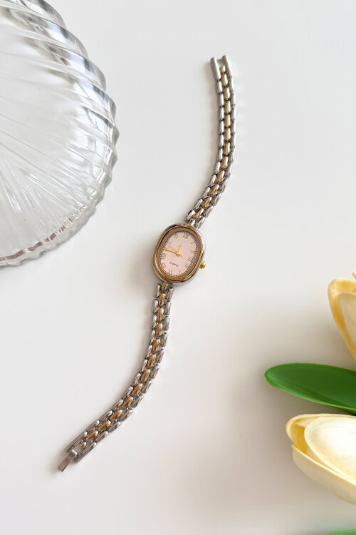 Quenn Pembe Kadran Gold-Silver Metal Kordon Kadın Kol Saati - 1