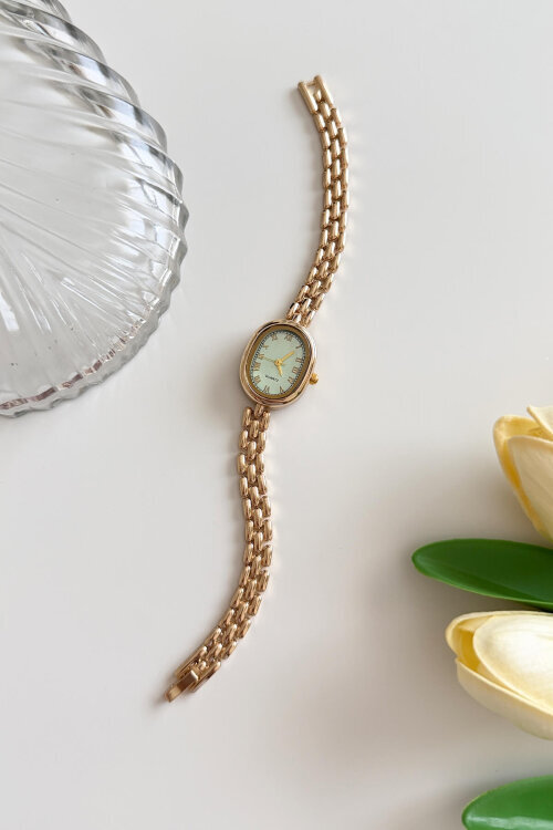 Quenn Su Yeşili Kadran Gold Metal Kordon Kadın Kol Saati 