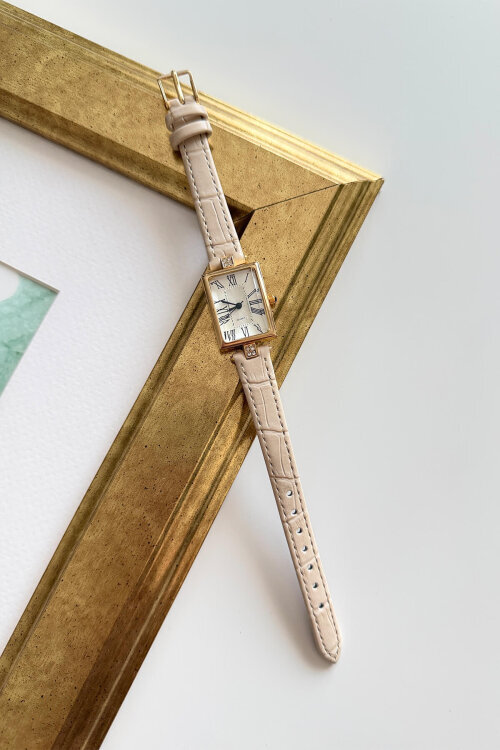 Rush Bej Kare Kadran Deri Dokulu Kordon Kadın Kol Saati