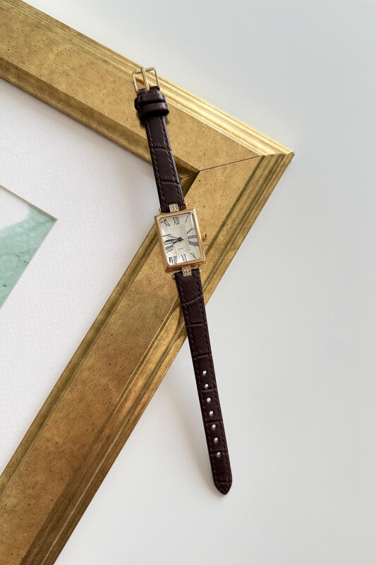 Rush Kahverengi Kare Kadran Deri Dokulu Kordon Kadın Kol Saati - 1