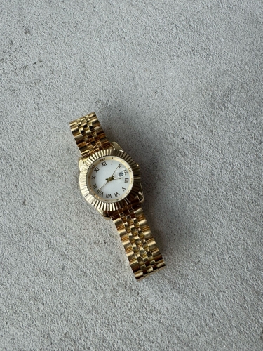 S002 Gold Ful Çelik Yuvarlak Çerçeveli Kol Saati - Cappmoda