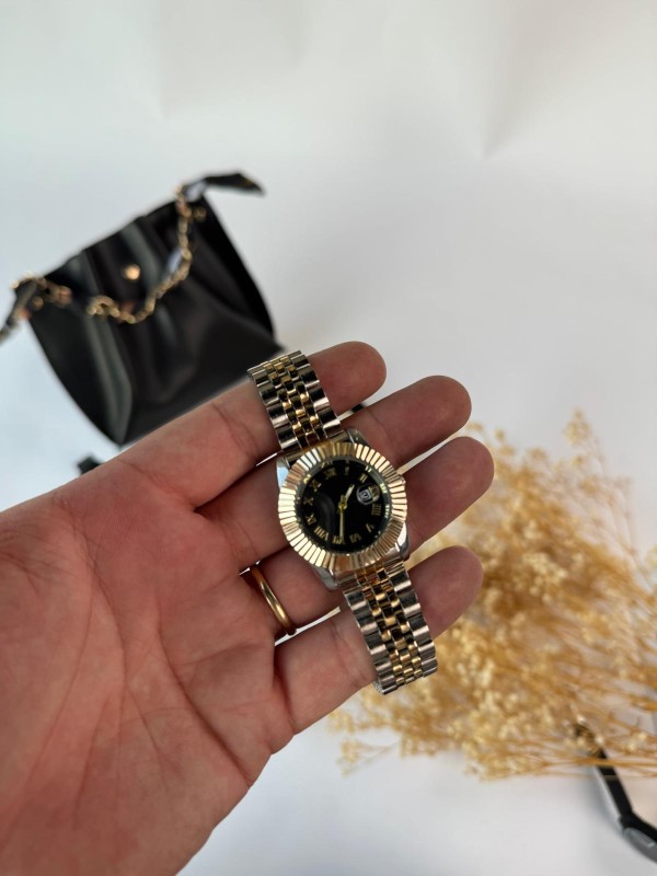 S003 Siyah Silver Gold Çelik Kordonlu Siyah Çerçeveli Kol Saati - 1