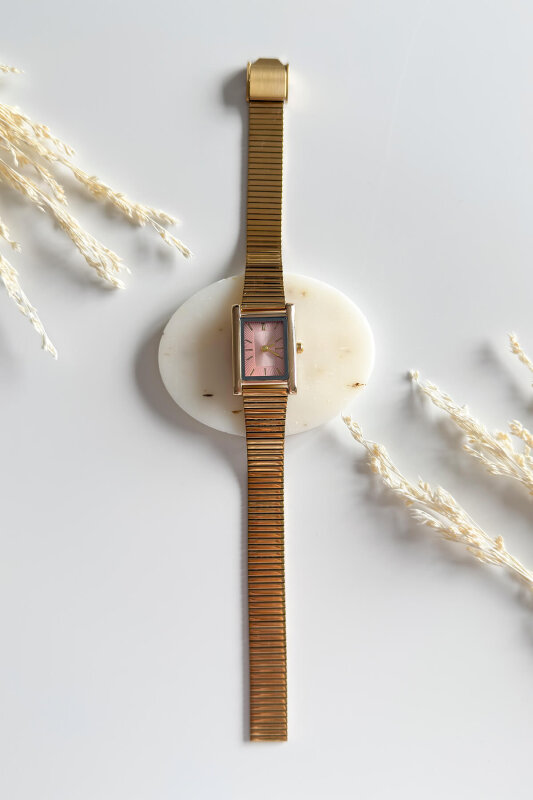 Selis Pudra Dikdörtgen Kadran Gold Çelik Kordon Kadın Kol Saati - 1