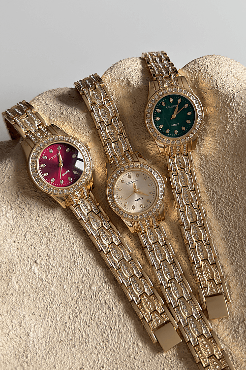 Serel Yeşil Taşlı Yuvarlak Kadran Özel Tasarım Gold Çelik Kordon Kadın Kol Saati (1)