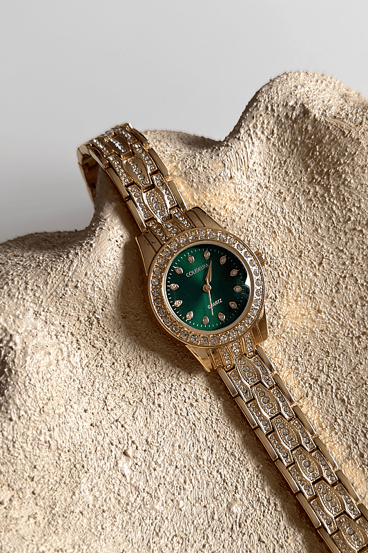 Serel Yeşil Taşlı Yuvarlak Kadran Özel Tasarım Gold Çelik Kordon Kadın Kol Saati - 1