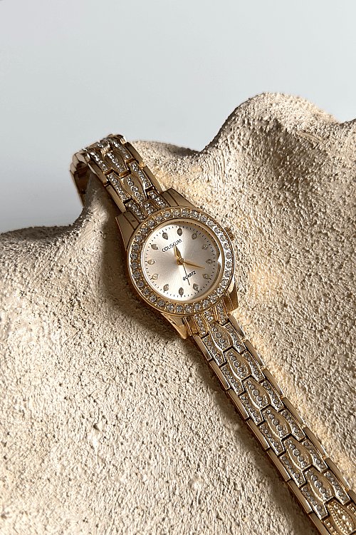 Serel Gold Taşlı Yuvarlak Kadran Özel Tasarım Gold Çelik Kordon Kadın Kol Saati