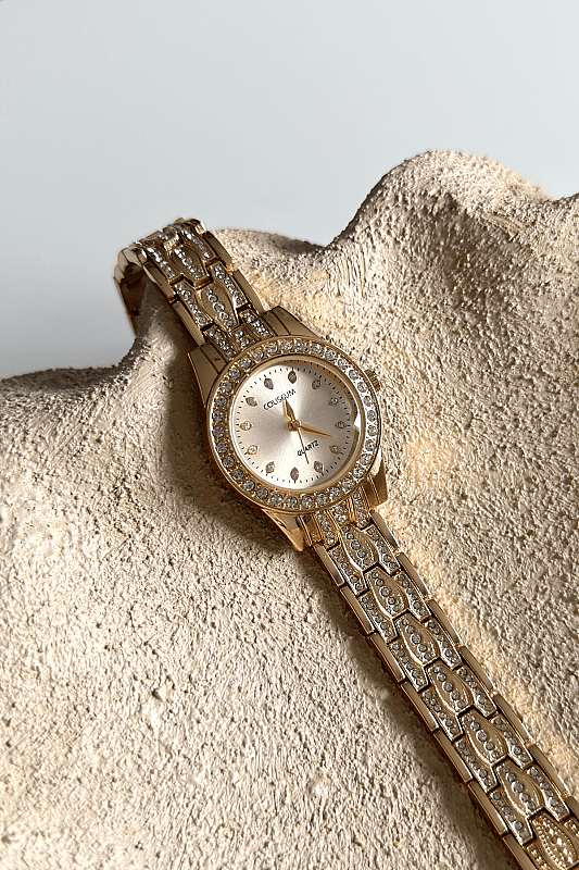 Serel Gold Taşlı Yuvarlak Kadran Özel Tasarım Gold Çelik Kordon Kadın Kol Saati - 1