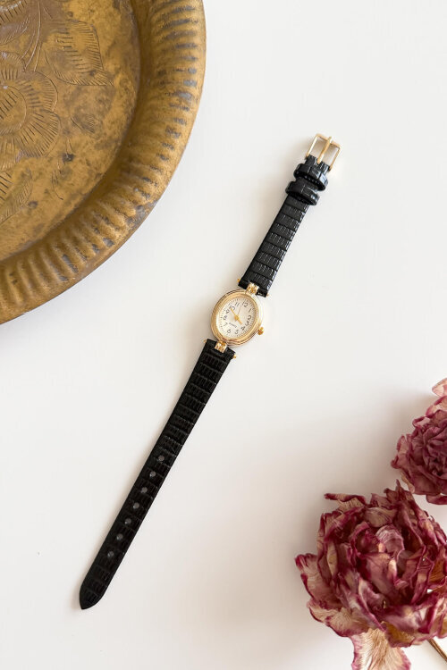 Serenity Gold Kadranlı Siyah Deri Dokulu Kordon Kadın Kol Saati
