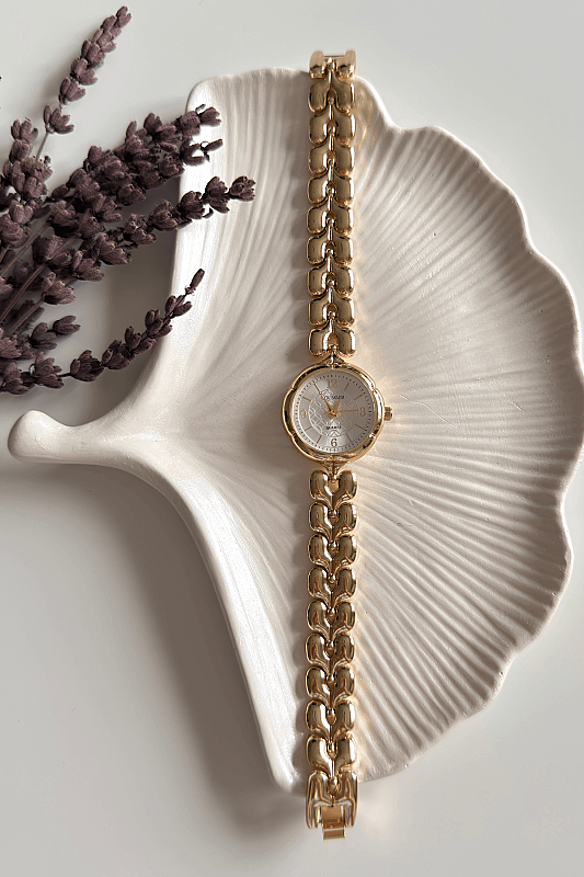 Serina Yuvarlak Kadran Özel Tasarım Gold Çelik Kordon Kadın Kol Saati - 1