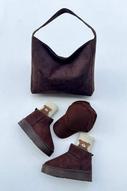SET2025 Acı Kahve Üçlü Kışlık Ayakkabı-Çanta-Şapka Süet Üçlü Set - 1
