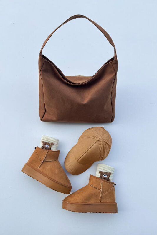 SET2025 Taba Üçlü Kışlık Ayakkabı-Çanta-Şapka Süet Üçlü Set - 1