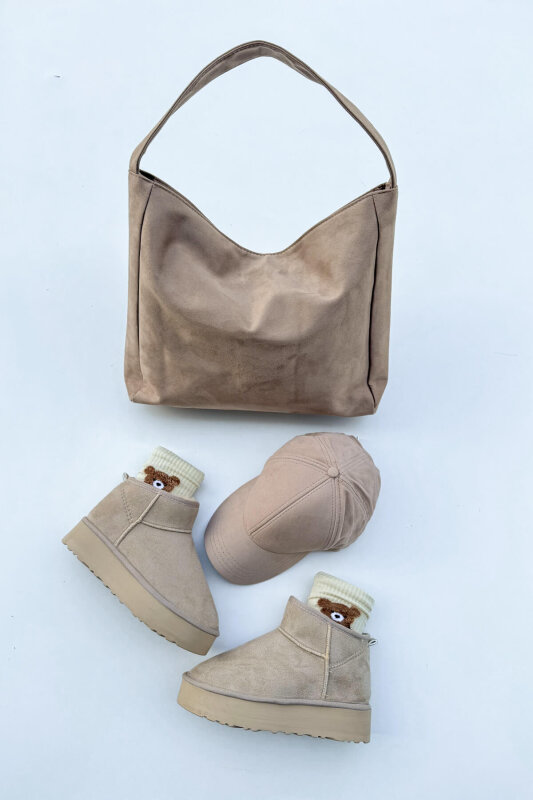 SET2025 Taş Rengi Üçlü Kışlık Ayakkabı-Çanta-Şapka Süet Üçlü Set - 1