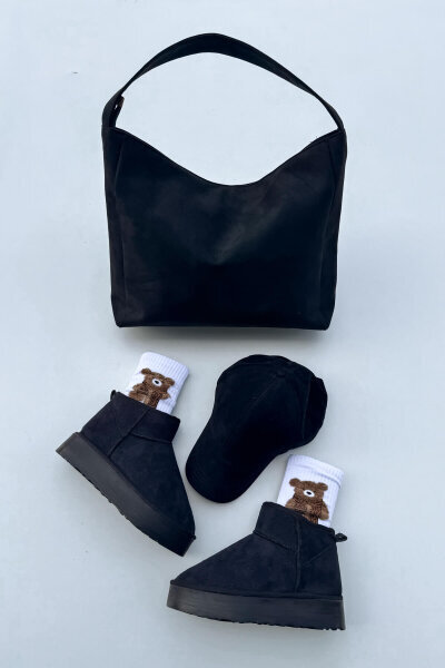 SET2025 Siyah Üçlü Kışlık Ayakkabı-Çanta-Şapka Süet Üçlü Set