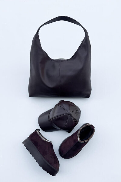 SET2026 Acı Kahve Üçlü Bilek Boy Ayakkabı-Çanta-Şapka Deri Üçlü Set