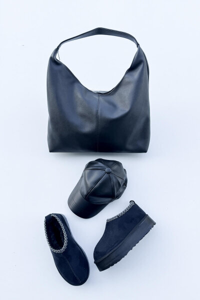 SET2026 Siyah Üçlü Bilek Boy Ayakkabı-Çanta-Şapka Deri Üçlü Set