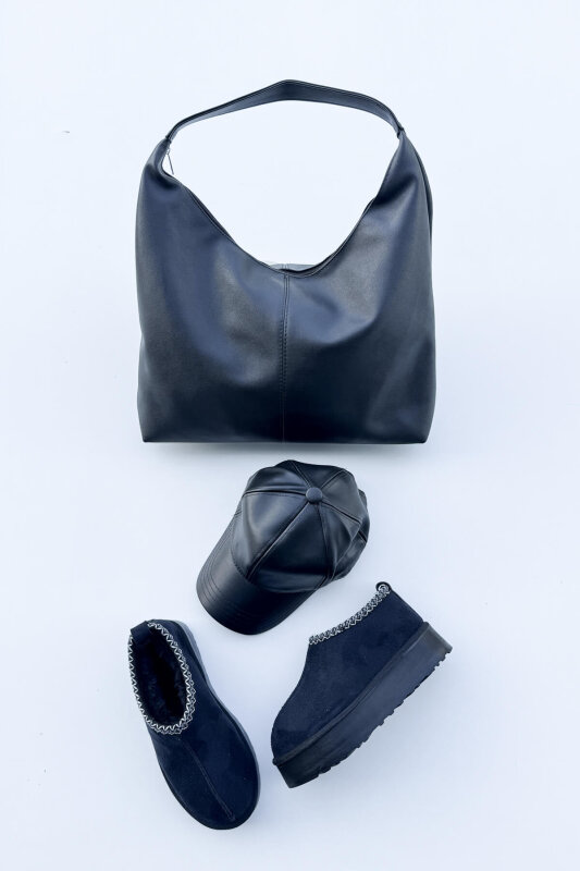 SET2026 Siyah Üçlü Bilek Boy Ayakkabı-Çanta-Şapka Deri Üçlü Set - 1