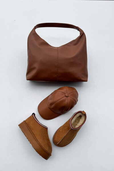 SET2026 Taba Üçlü Bilek Boy Ayakkabı-Çanta-Şapka Deri Üçlü Set 