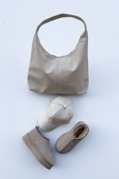 SET2026 Taş Rengi Üçlü Bilek Boy Ayakkabı-Çanta-Şapka Deri Üçlü Set 