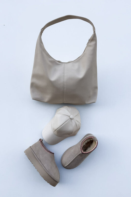 SET2026 Taş Rengi Üçlü Bilek Boy Ayakkabı-Çanta-Şapka Deri Üçlü Set - 1