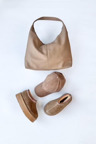 SET2026 Vizon Üçlü Bilek Boy Ayakkabı - Suni Deri Çanta - Süet Şapka Üçlü Set