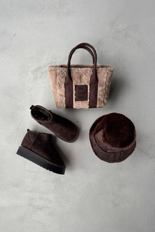 SET2027 Acı Kahve Orta Boy Bot-Çanta-Şapka Kürklü Üçlü Set - 1