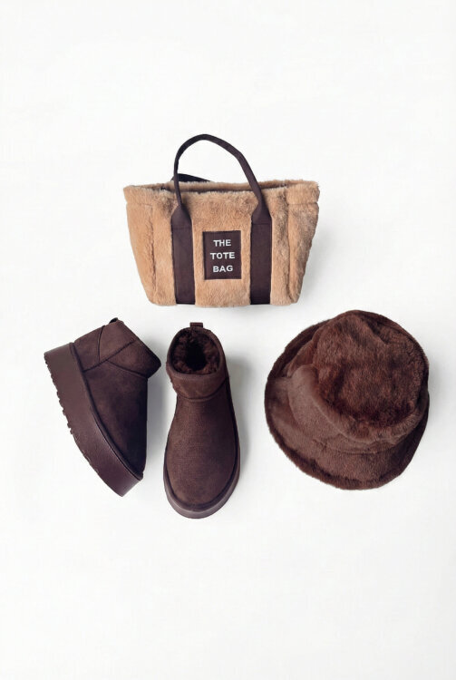 SET2027 Acı Kahve-Vizon Orta Boy Bot-Çanta-Şapka Kürklü Üçlü Set 