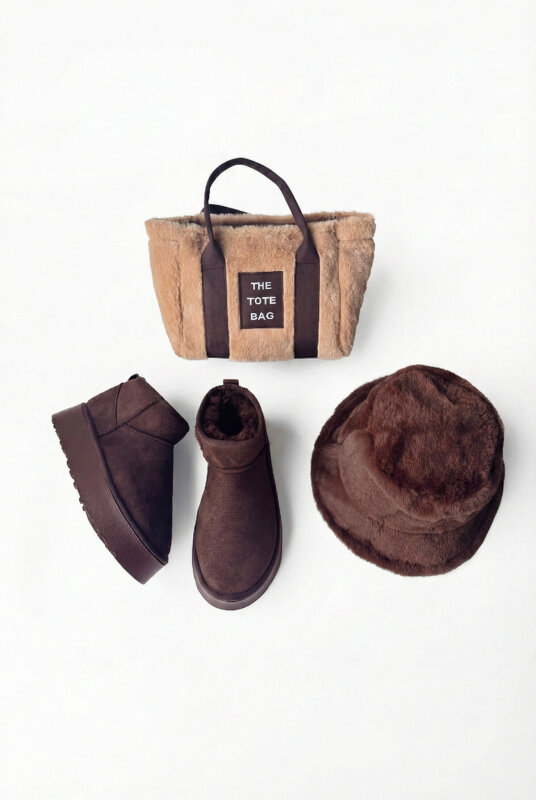 SET2027 Acı Kahve-Vizon Orta Boy Bot-Çanta-Şapka Kürklü Üçlü Set - 1