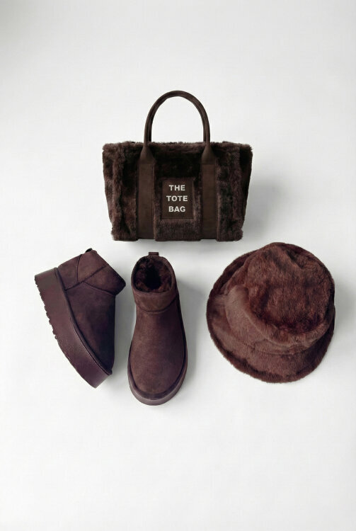 SET2027 Full Acı Kahve Orta Boy Bot-Çanta-Şapka Kürklü Üçlü Set - 1