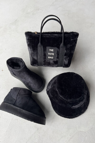 SET2027 Siyah Orta Boy Bot-Çanta-Şapka Kürklü Üçlü Set