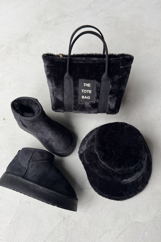 SET2027 Siyah Orta Boy Bot-Çanta-Şapka Kürklü Üçlü Set - 1