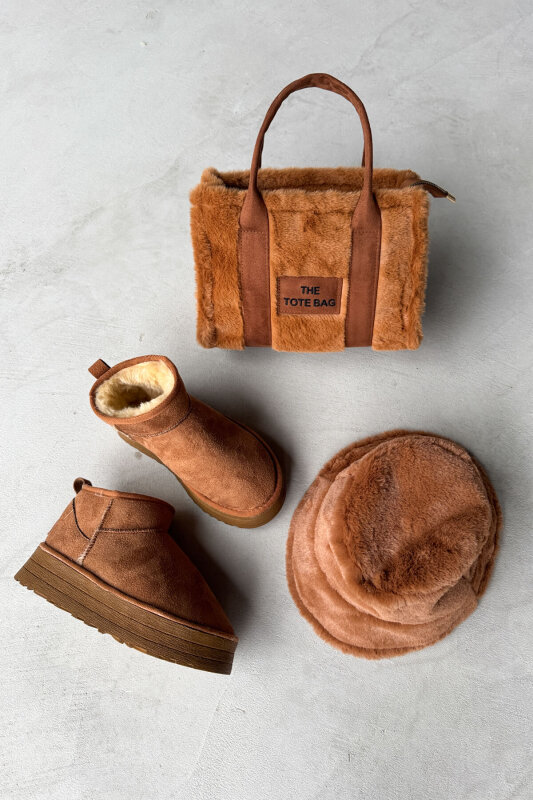 SET2027 Taba Orta Boy Bot-Çanta-Şapka Kürklü Üçlü Set - 1