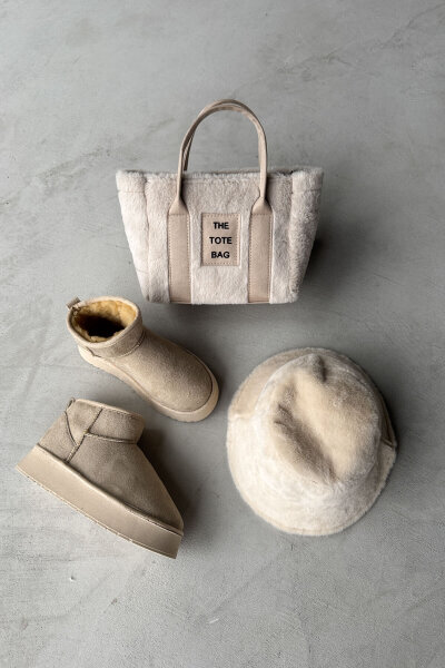 SET2027 Taş Rengi Orta Boy Bot-Çanta-Şapka Kürklü Üçlü Set