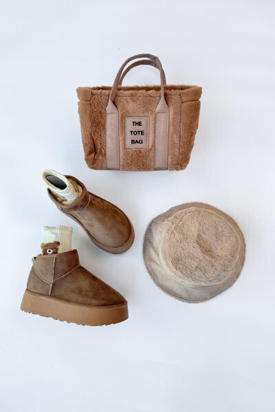 SET2027 Vizon Orta Boy Bot-Çanta-Şapka Kürklü Üçlü Set