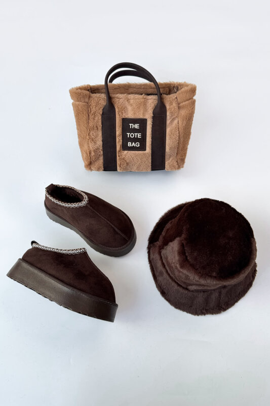 SET2028 Acı Kahve Bilek Boy Bot-Çanta-Şapka Kürklü Üçlü Set - 1