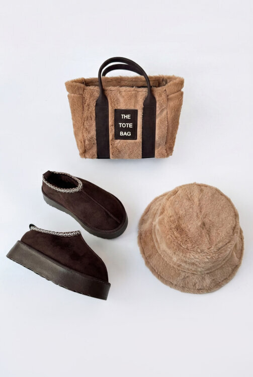 SET2028 Acı Kahve Bilek Boy Bot-Çanta-Şapka Kürklü Üçlü Set