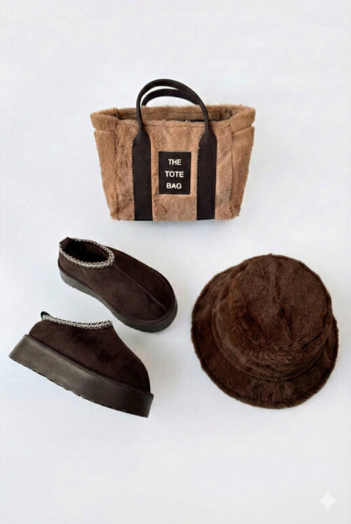 SET2028 Acı Kahve-Vizon Bilek Boy Bot-Çanta-Şapka Kürklü Üçlü Set 