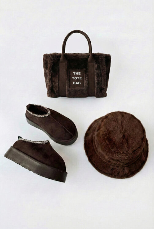SET2028 Full Acı Kahve Bilek Boy Bot-Çanta-Şapka Kürklü Üçlü Set - 1