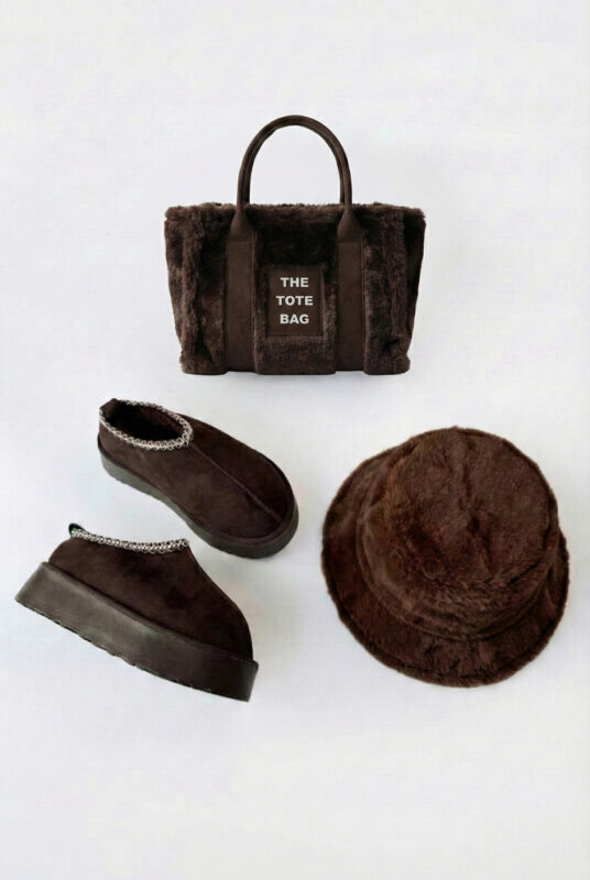 SET2028 Full Acı Kahve Bilek Boy Bot-Çanta-Şapka Kürklü Üçlü Set - 1