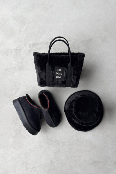 SET2028 Siyah Bilek Boy Bot-Çanta-Şapka Kürklü Üçlü Set