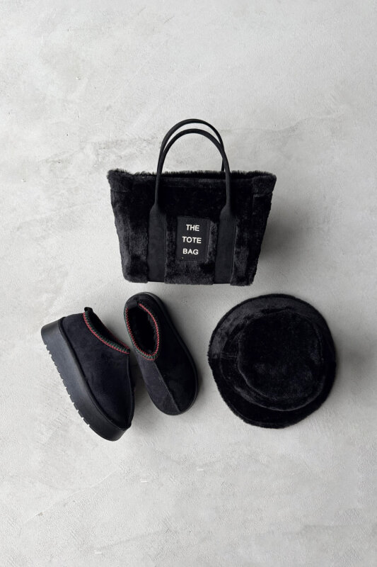 SET2028 Siyah Bilek Boy Bot-Çanta-Şapka Kürklü Üçlü Set - 1