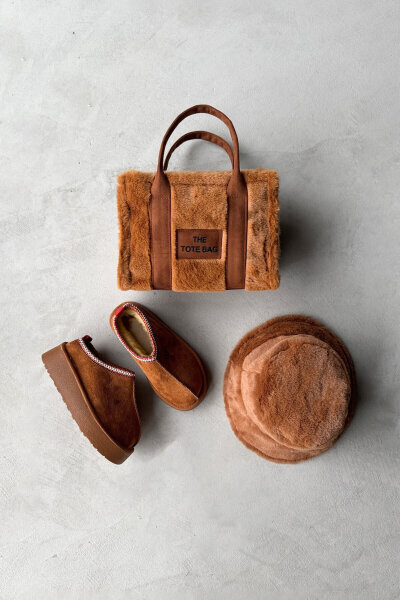 SET2028 Taba Bilek Boy Bot-Çanta-Şapka Kürklü Üçlü Set