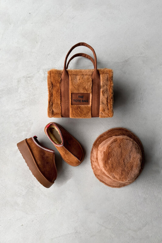 SET2028 Taba Bilek Boy Bot-Çanta-Şapka Kürklü Üçlü Set - 1