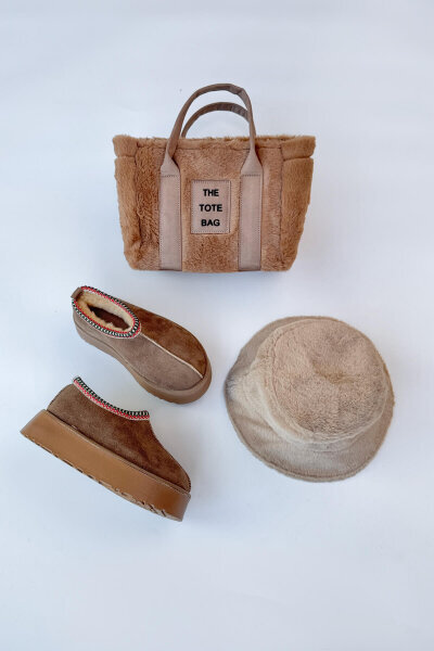 SET2028 Vizon Bilek Boy Bot-Çanta-Şapka Kürklü Üçlü Set