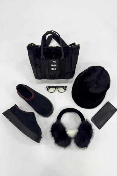 SET2029 Siyah Bilek Boy Bot Çanta Gözlük Şapka Kulaklık Kürklü Beşli Set