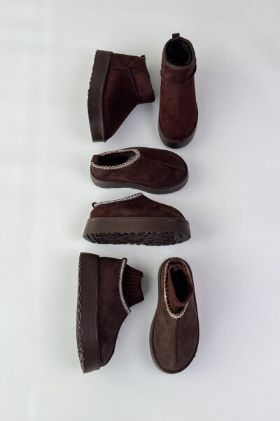 SET2031 Acı Kahve Örgü Detaylı - Bilek Boy - Orta Boy Üçlü Bot Seti 