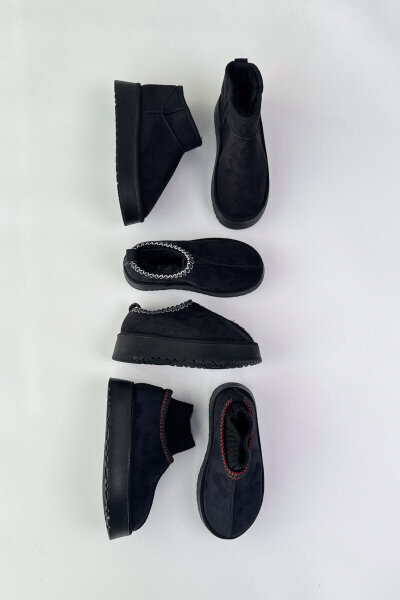 SET2031 Siyah Örgü Detaylı - Bilek Boy - Orta Boy Üçlü Bot Seti 